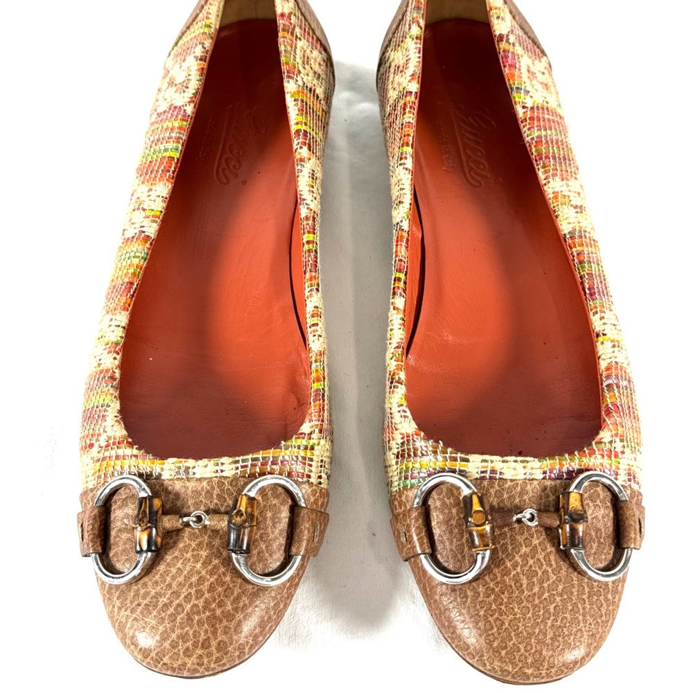 GUCCI Multi Tweed Raffia Tan Leather Cap Toe Horsebit Ballet Flats 38 - 8US